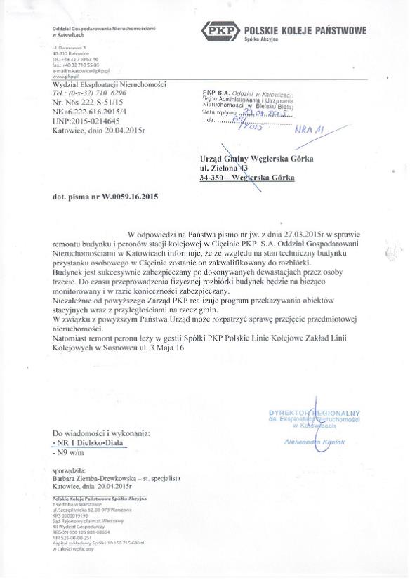 Odpowied PKP na pismo wjta 20 kwiecie 2015