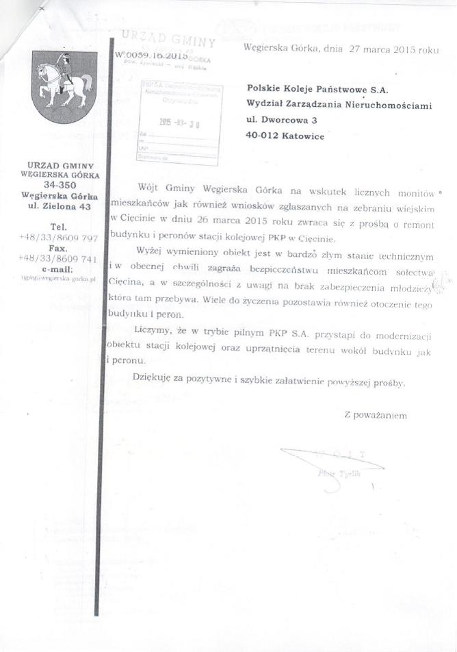 Pismo wojta z dnia 27 marca 2015